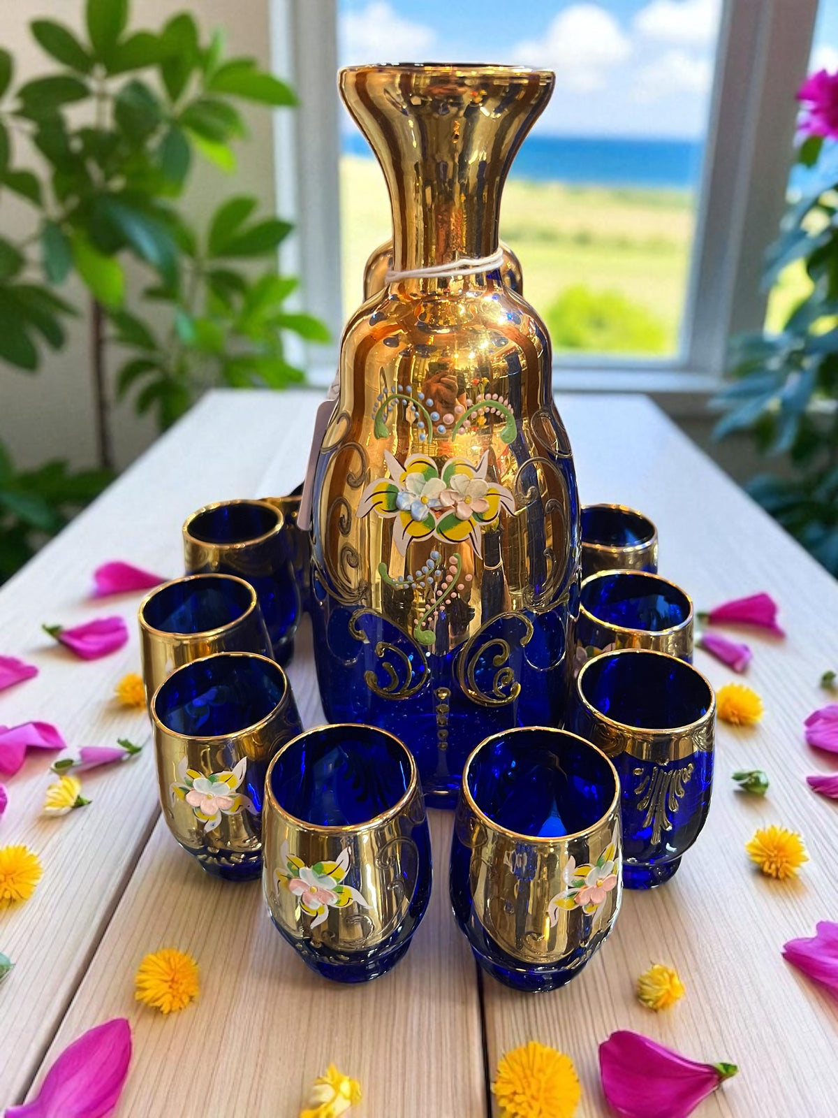 Bohemian cobalt blue and gold decanter set